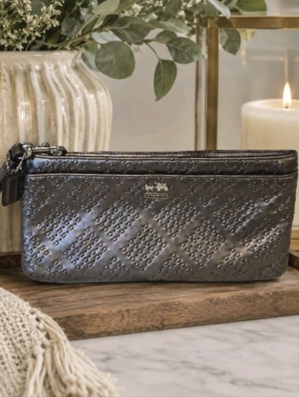 NEW Coach Madison Wristlet Pewter Metallic Woven Leather Wallet Clutch Zip Close